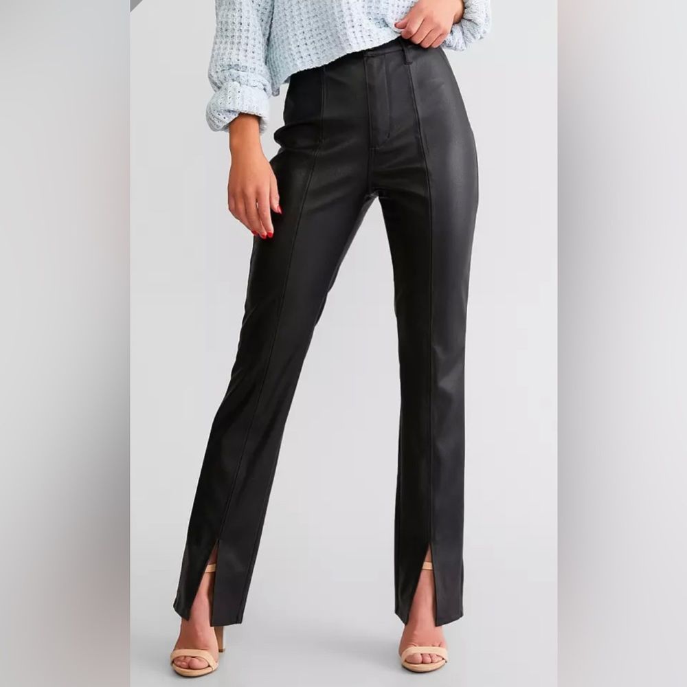 KanCan Black Faux Leather Boot Cut Pants with Front Slits